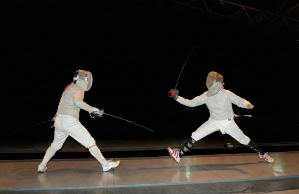 Two fencers in a dynamic duel